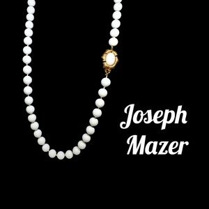 Joseph Mazer 1940s White Glass Pearl Beaded Necklace Cabishon with Gold Clasp